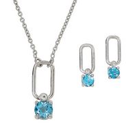 Silver Paper Clip Style Necklace and Earring Set with Genuine Swiss Blue Topaz