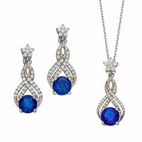 Silver Ribbon Design with Large Blue Center CZ Set