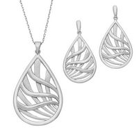 Silver Sandblasted and Shiny Waves of the Sea in a Water Drop Shape Pendant and Earring Set