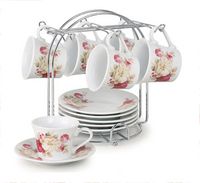 Set of 6 Espresso Cups 2oz.  On Metal Stand-Red and Ivory Flower