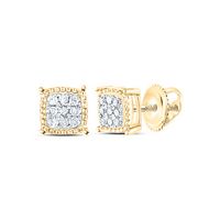 10kt Yellow Gold Mens Round Diamond Square Milgrain Cluster Earrings 1/10 Cttw