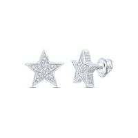 Sterling Silver Mens Round Diamond 3D Star Stud Earrings 1/8 Cttw