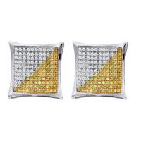 Sterling Silver Mens Round Yellow Color Enhanced Diamond Square Earrings 1/6 Cttw