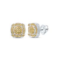 Sterling Silver Mens Round Yellow Color Enhanced Diamond Cluster Earrings 1/8 Cttw