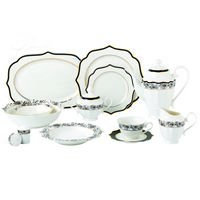 Lorren Home Trends 57 Piece Wavy Black and Gold Mix and Match Bone China Service for 8-Fiona