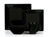 16 Piece Square Beaded Stoneware Dinnerware set by Lorren Home Trends, Black