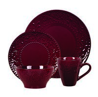 Lorren Home Trends 16 Piece Stoneware Scroll Dinnerware Set-Merlot