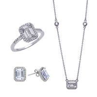 April Set with Large White CZ Center Earrings, Ring and Necklace