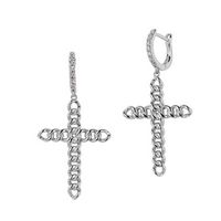 Silver Chain Link Plain Cross with CZs on Latch Back Earrings