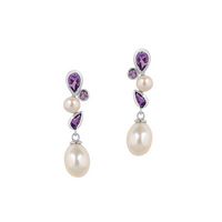 Silver Genuine Stones Earrings with African Amethyst and Fresh Water Pearls