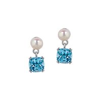 Silver Genuine Stones Earrings with a Swiss Blue Topaz and Fresh Water Pearl