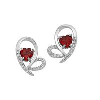 Silver Open Heart Design Earrings with Heart Shape Genuine Garnet