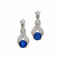 Silver Ribbon Design Earrings with Large Blue Center CZ