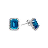 Silver Clear CZs Halo Design Earrings with Large Dark Blue CZ (December)