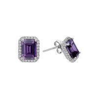 Silver Clear CZs Halo Design Earrings with Large Amethyst CZ (February)