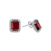 Silver Clear CZs Halo Design Earrings with Large Garnet CZ (January)