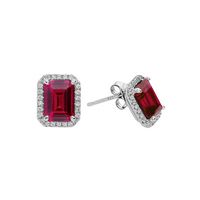 Silver Clear CZs Halo Design Earrings with Large Ruby Spinel (July)