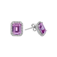 Silver Clear CZs Halo Design Earrings with Large Lavender CZ (June)