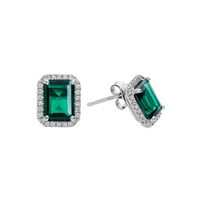 Silver Clear CZs Halo Design Earrings with Large Emerald Spinel (May)