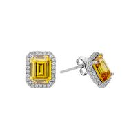 Silver Clear CZs Halo Design Earrings with Large Yellow CZ (November)