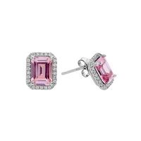 Silver Clear CZs Halo Design Earrings with Large Pink CZ (October)