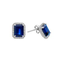 Silver Clear CZs Halo Design Earrings with Large Sapphire Spinel (September)