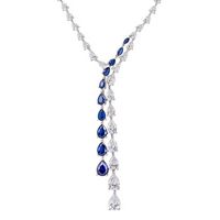 Silver Graduated Teardrop Triple A-Quality Clear CZ and Sapphire Nano Design Necklace 16&quot;