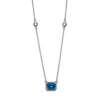 Silver Clear CZs Halo Design Necklace with Large Dark Blue CZ (December)