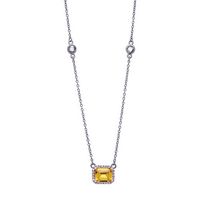 Silver Clear CZs Halo Design Necklace with Large Yellow CZ (November)