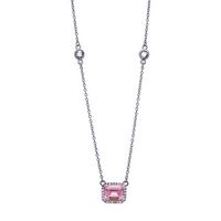 Silver Clear CZs Halo Design Necklace with Large Pink CZ (October)