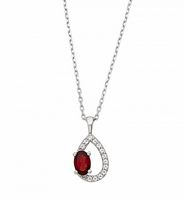 Silver Genuine White Topaz Teardrop with Oval Shape Garnet Pendant