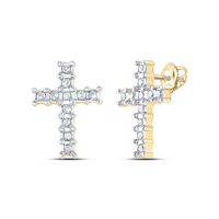 10kt Yellow Gold Womens Round Diamond Roman Cross Religious Stud Earrings 1/10 Cttw