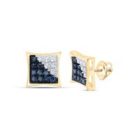 10kt Yellow Gold Mens Round Blue Color Enhanced Diamond Square Kite Cluster Earrings 1/10 Cttw
