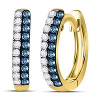 10kt Yellow Gold Womens Round Blue Color Enhanced Diamond Huggie Earrings 1/5 Cttw
