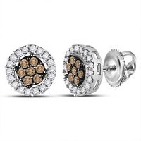10k White Gold Womens Brown Diamond Flower Cluster Screwback Stud Earrings 1/4 Cttw