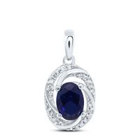 10kt White Gold Womens Oval Lab-Created Blue Sapphire Solitaire Diamond Pendant 1-1/3 Cttw