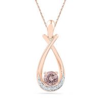 10kt Rose Gold Womens Round Lab-Created Morganite Solitaire Diamond Teardrop Pendant 3/8 Cttw