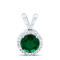 10k White Gold Womens Lab-Created Emerald Solitaire &amp; Diamond Halo Pendant 7/8 Cttw