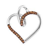 10kt White Gold Womens Round Brown Diamond Heart Pendant 1/6 Cttw