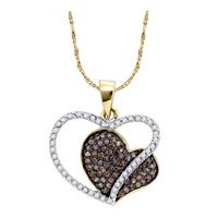 10kt Yellow Gold Womens Round Brown Diamond Heart Pendant 3/8 Cttw