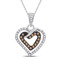 10kt White Gold Womens Round Brown Diamond Double Heart Pendant 1/4 Cttw