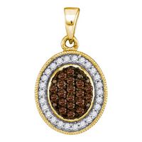 10kt Yellow Gold Womens Round Brown Diamond Oval Frame Cluster Pendant 1/3 Cttw