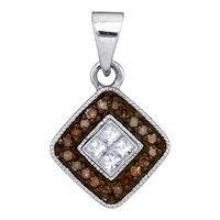 10kt White Gold Womens Round Brown Diamond Diagonal Square Pendant 1/5 Cttw