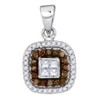 10kt White Gold Womens Round Brown Diamond Square Frame Pendant 1/3 Cttw