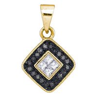 10kt Yellow Gold Womens Round Black Color Enhanced Diamond Diagonal Square Pendant 1/5 Cttw
