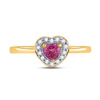 10kt Yellow Gold Womens Round Lab-Created Pink Sapphire Heart Ring 1/10 Cttw