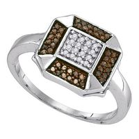 10kt White Gold Womens Round Brown Diamond Square Cluster Ring 1/5 Cttw