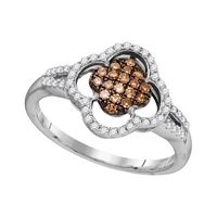 10kt White Gold Womens Round Brown Diamond Quatrefoil Cluster Ring 1/3 Cttw