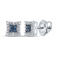 Sterling Silver Womens Round Blue Color Enhanced Diamond Square Cluster Earrings 1/10 Cttw