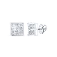 Sterling Silver Womens Round Diamond Square Cluster Screwback Earrings 1/10 Cttw